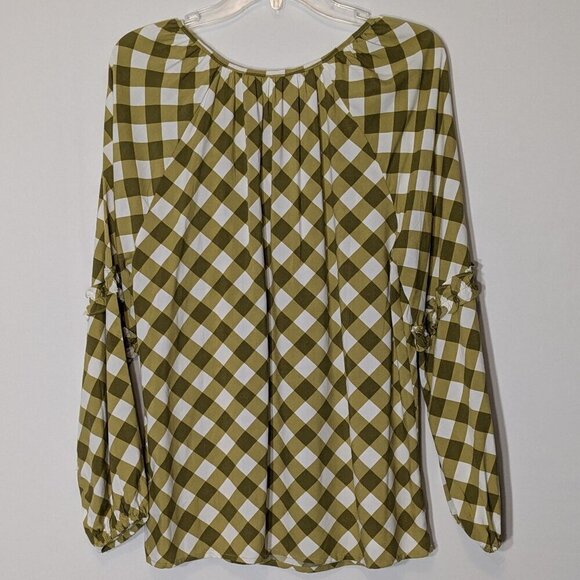 THE PIONEER WOMAN Olive Green Plaid Long Sleeve Boho Peasant Top; Size M - Picture 2 of 5